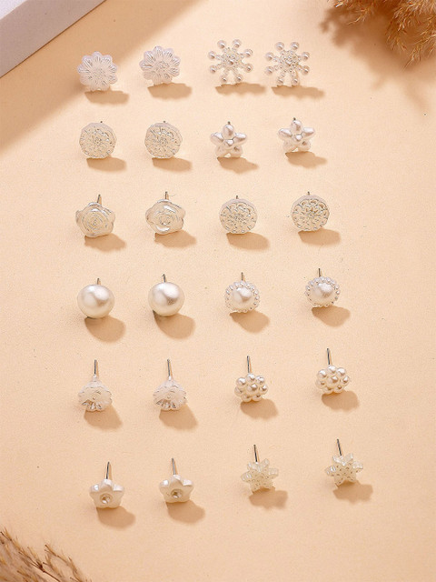 Bohey by KARATCART Set Of 12 Silver-Plated Artificial Beaded Floral Shaped Studs