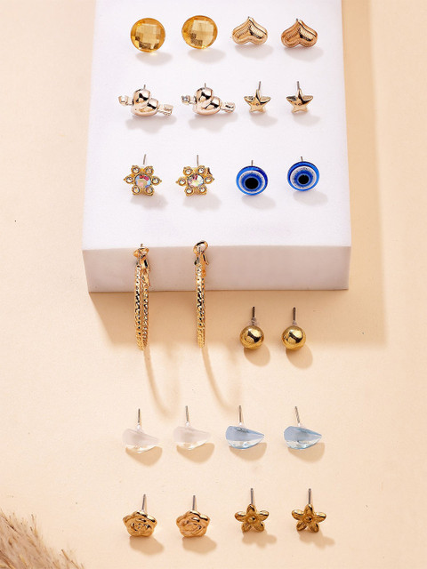 Bohey by KARATCART Set Of 12 Gold-Plated Semi Circular Shaped Half Hoop Earrings