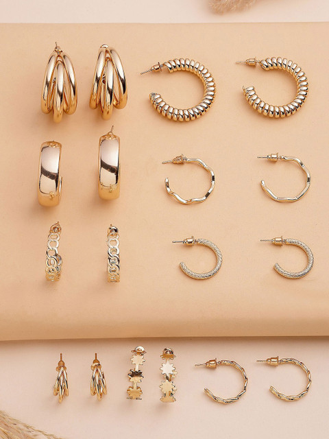 Bohey by KARATCART Set Of 9 Gold-Plated Semi Circular Half Hoop Earrings