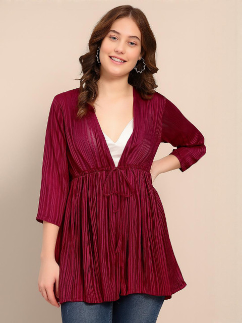 DressBerry Women Striped Longline Semi-Sheer Tie-Up Shrug