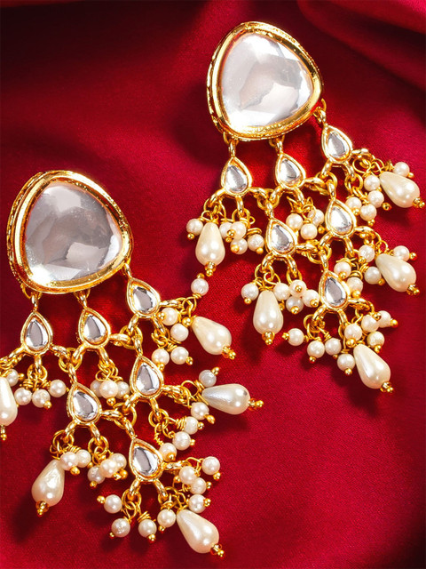 Anouk Gold-Plated Stone Studded & Pearls Beaded Chandelier Triangular Shaped Drop Earrings