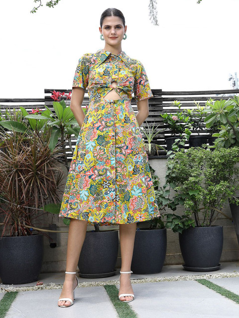 plusS Floral Print Shirt Collar Shirt Dress