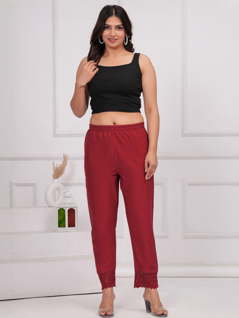 SZN Women Maroon Solid Trouser with Lace Detailing - Image 4
