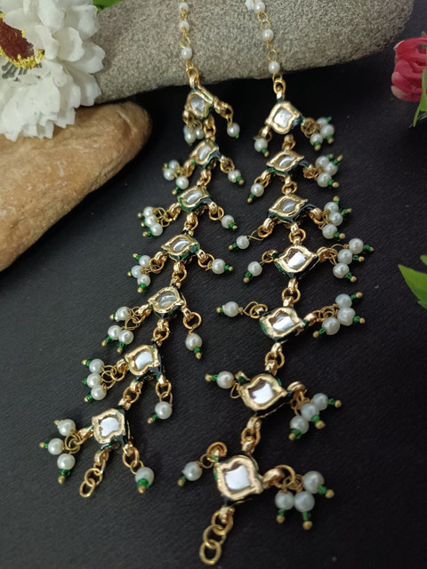 Sanjog Gold-Plated Kundan Studded And Artificial Beaded Pearl Green Meenakari Ear Chains