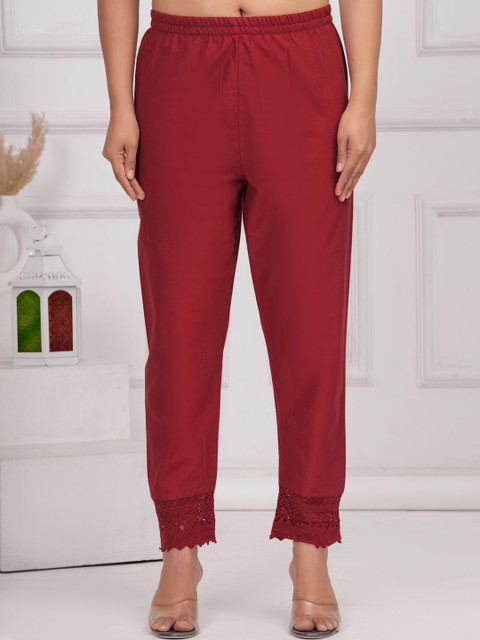 SZN Women Maroon Solid Trouser with Lace Detailing