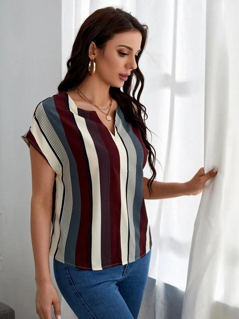 HERE&NOW Women Red Polyester Striped Tops