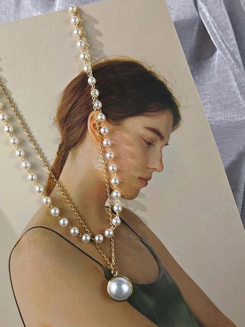 Vembley Women Double Layered Pearl Pendant Golden Necklace