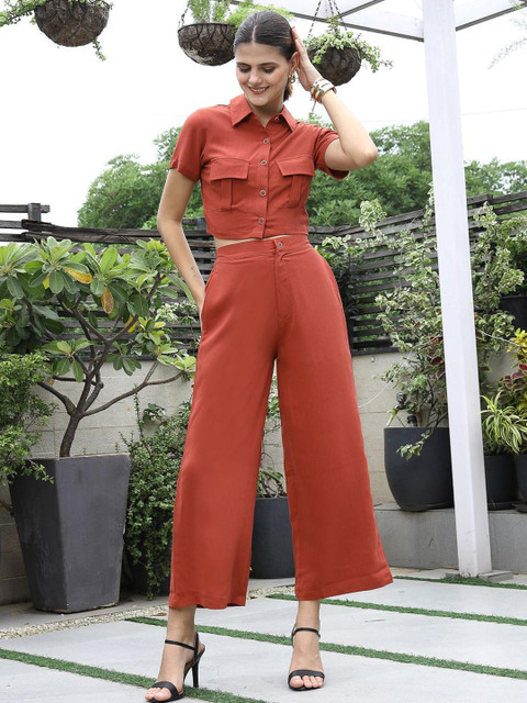 plusS Women Solid Shirt Collar Shirt With Trousers Co-Ords