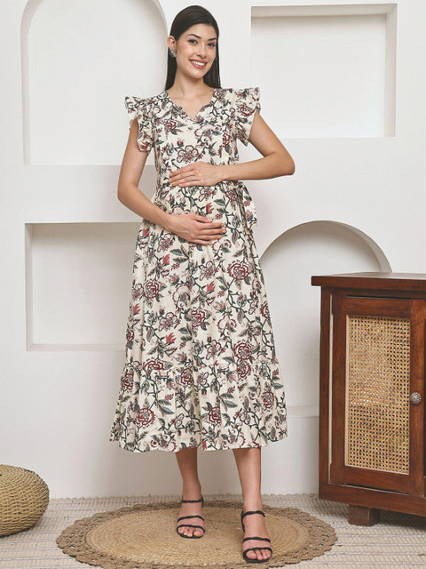 Frempy Women Floral Printed Flutter Sleeve Organic Cotton Maternity Fit & Flare Midi Dress