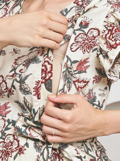 Frempy Women Floral Printed Flutter Sleeve Organic Cotton Maternity Fit & Flare Midi Dress - Image 7