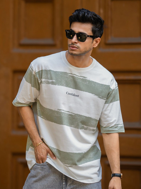 Maniac Men Striped Round Neck Cotton Oversized T-shirt