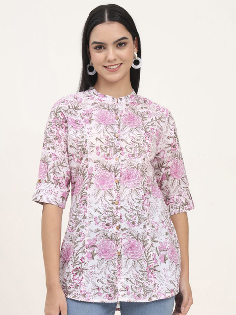 BAESD Women Floral Printed Mandarin Collar Cotton A-Line Top
