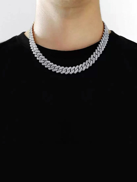 Feel style Unisex Silver-Plated Cubic Zirconia Studded Statement Chain