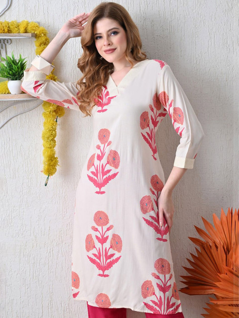 PHYSIL Floral Printed V-Neck Cotton Straight Kurta
