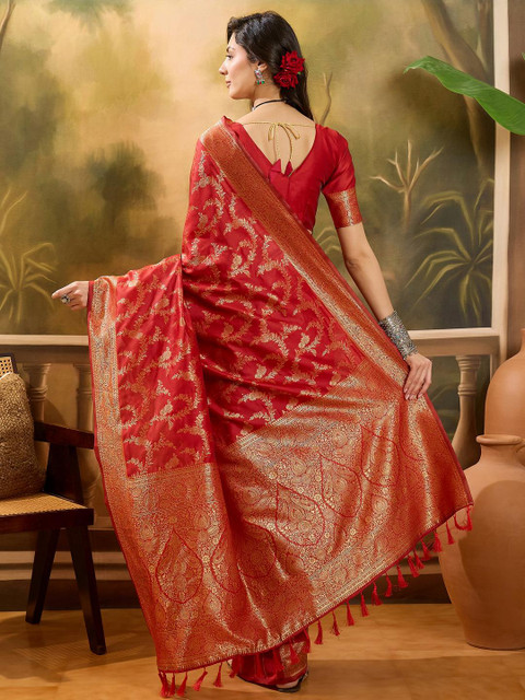 Sangria Red Woven Design Silk Blend Sarees - Image 5