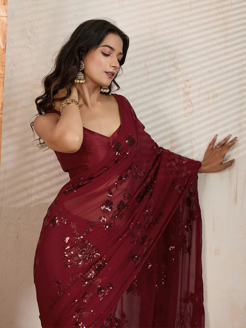 CLEMIRA Embellished Sequinned Pure Georgette Saree