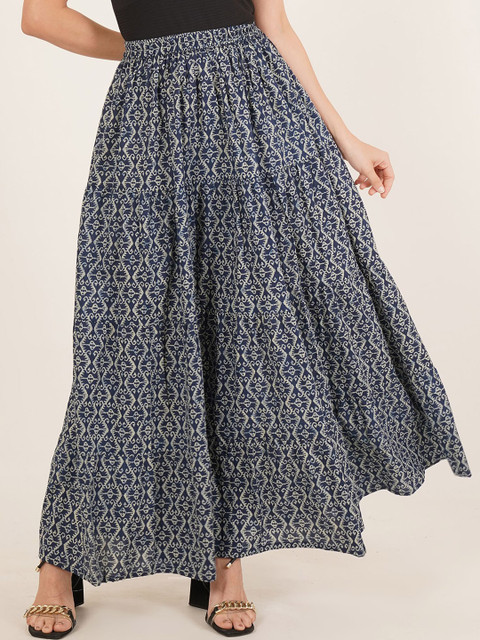 Brownverse Women Printed Cotton Tiered Maxi Skirts