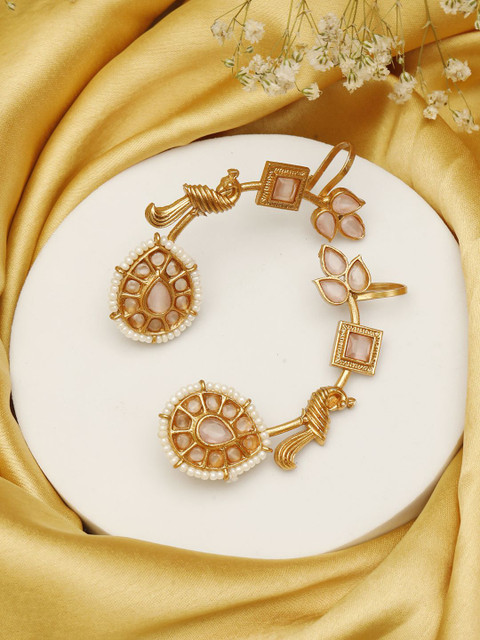 VIVAZS Rose Gold-Plated Artificial Stones Studded & Beaded Peacock Shaped Ear Cuff