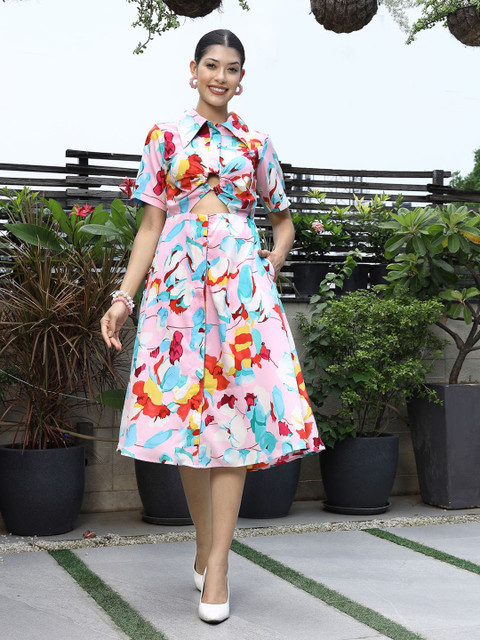 plusS Floral Printed Shirt Collar Short Sleeves Shirt Dress