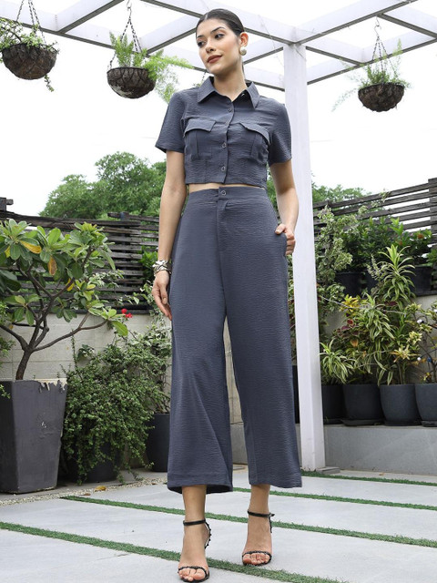 plusS Women Solid Short-Sleeve Shirt With Trouser Co-Ords