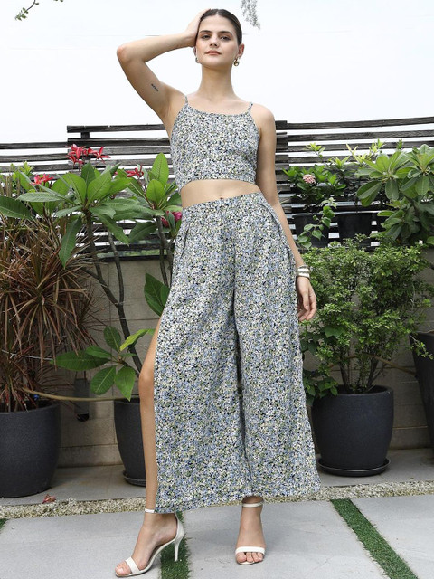 plusS Printed Shoulder Strap Neck Top With Palazzo