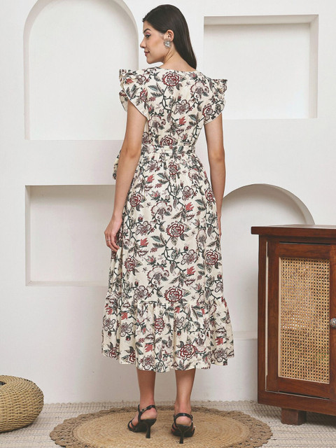Frempy Women Floral Printed Flutter Sleeve Organic Cotton Maternity Fit & Flare Midi Dress - Image 4