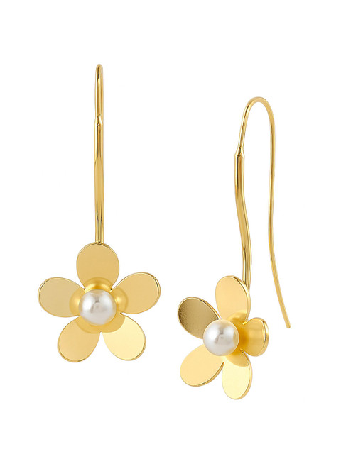 Bohey by KARATCART Gold-Plated Floral Shaped Pearls Studded Drop Earrings - Image 3