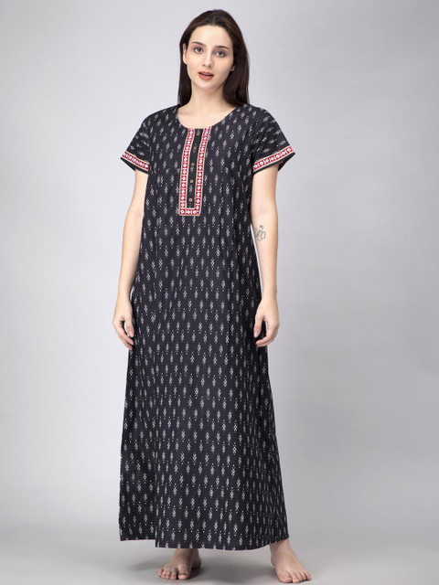 Nihsamah Women Pure Cotton Printed Maxi Nightdress