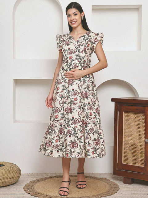 Frempy Women Floral Printed Flutter Sleeve Organic Cotton Maternity Fit & Flare Midi Dress - Image 5
