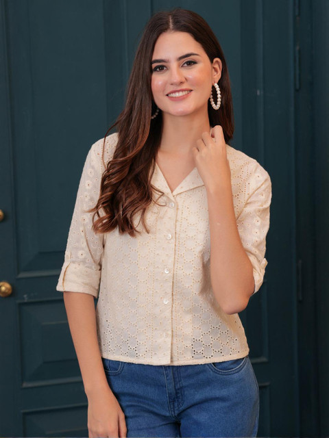 SZN Women Off White Cotton Printed Tops