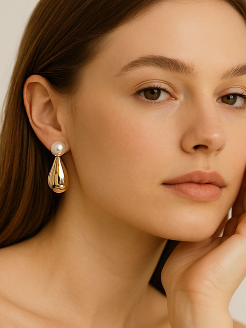 Bohey by KARATCART Gold-Plated Pearls Studded Teardrop Shaped Drop Earrings - Image 5