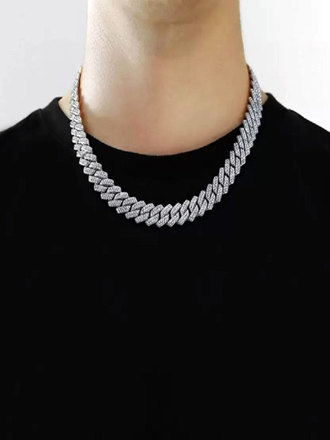 Feel style Unisex Silver-Plated Cubic Zirconia Studded Statement Chain