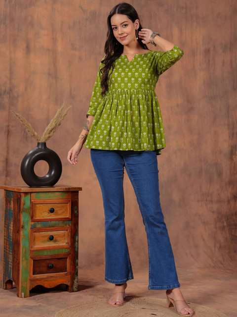 KALAMIR Floral Printed Notch Neck Pleated Pure Cotton Peplum Top