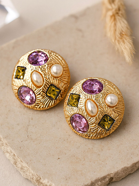 Bohey by KARATCART Gold-Plated Rhinestone Studded Circular Shaped Studs