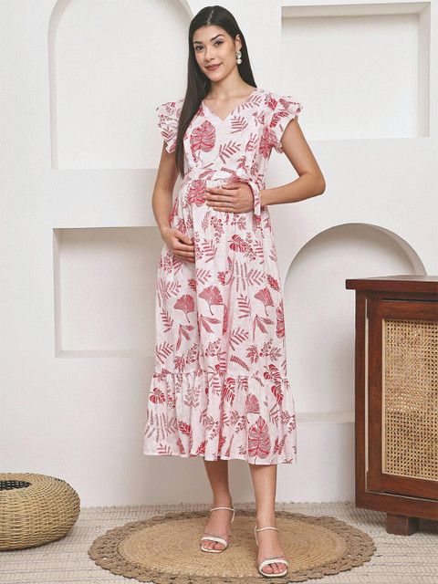 Frempy Women Maternity Floral Printed Organic Cotton Fit & Flare Maxi Dress