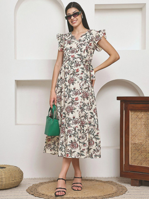 Frempy Women Floral Printed Flutter Sleeve Organic Cotton Maternity Fit & Flare Midi Dress - Image 6