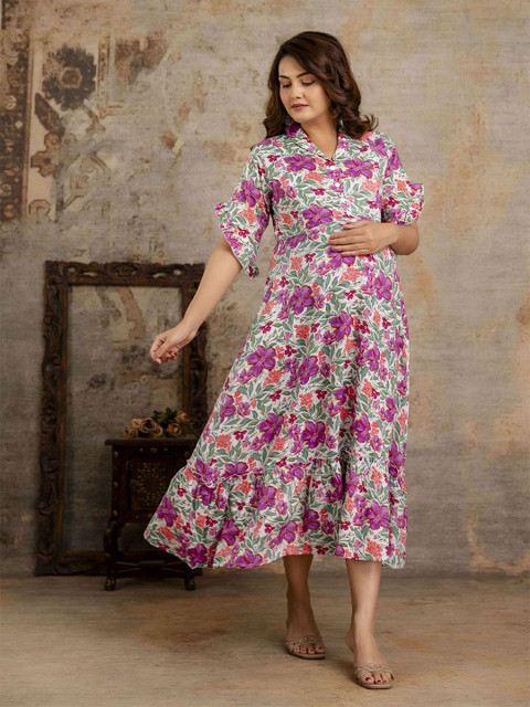 Henal Women Floral Print Maternity Fit and Flare Midi Dress