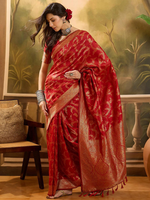 Sangria Red Woven Design Silk Blend Sarees - Image 4