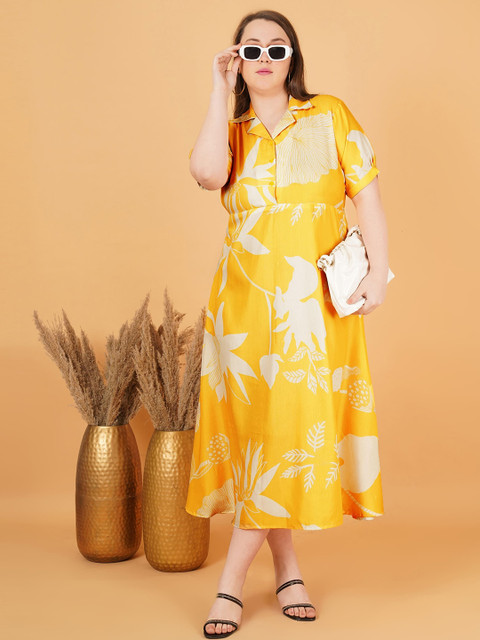 Indietoga Women Plus Size Floral Printed Puff Sleeve Fit & Flare Maxi Dress