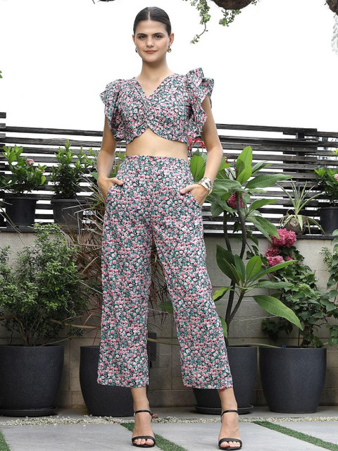 plusS Printed V-Neck Top With Trouser