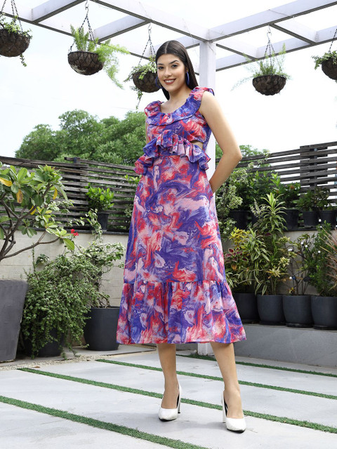 plusS Women Abstract Printed Round Neck Cut-Outs Fit and Flare Midi Dress