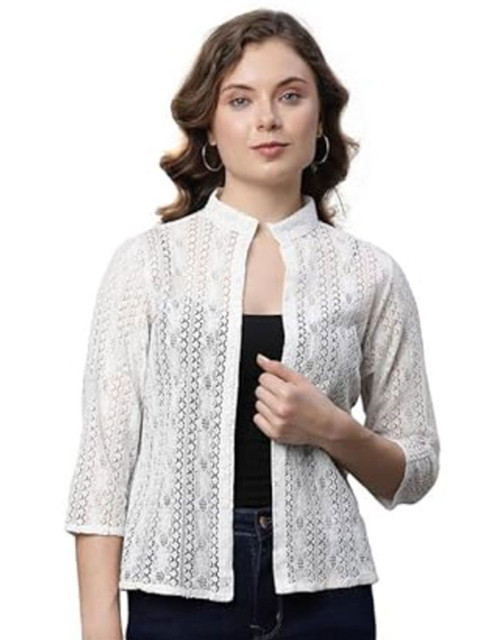 NATURE CRAFT Self Design Mandarin Collar Open Front Cotton Shrug