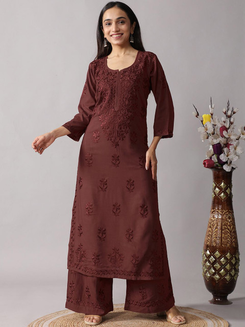 colorkosh Floral Embroidered Chikankari Notch Neck Straight Kurta With Palazzos