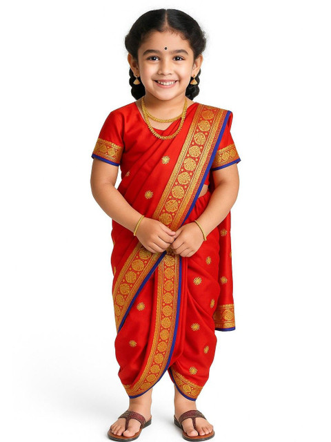 BAESD Girls Ethnic Motif Woven Design Zari Dhoti Saree