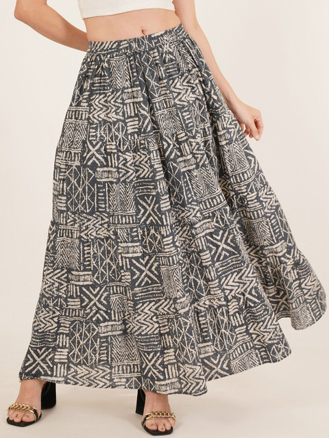 Brownverse Abstract Printed Pure Cotton Tiered Maxi Skirts