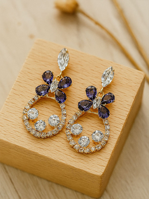 Bohey by KARATCART Gold-Plated American Diamond Studded Circular Shaped Drop Earrings