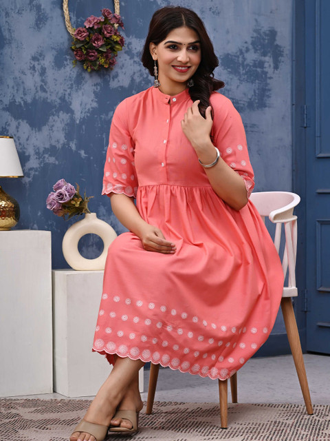 BAESD Women Floral Embroidered Cotton Fit & Flare Dress