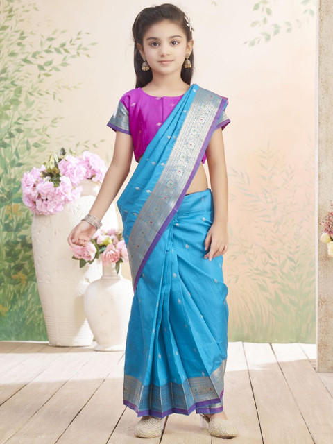 BAESD Girls Ethnic Motifs Woven Design Zari Block Print Ready to Wear Saree
