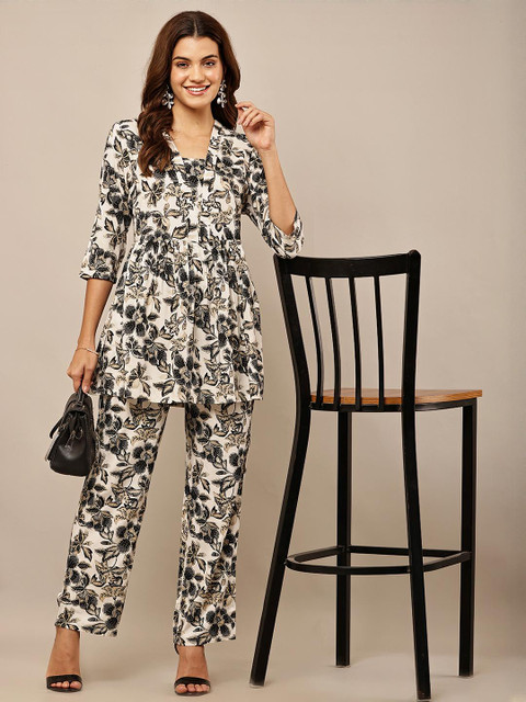 HERE&NOW Women Floral Printed Tunic with Trousers Co-ord Set