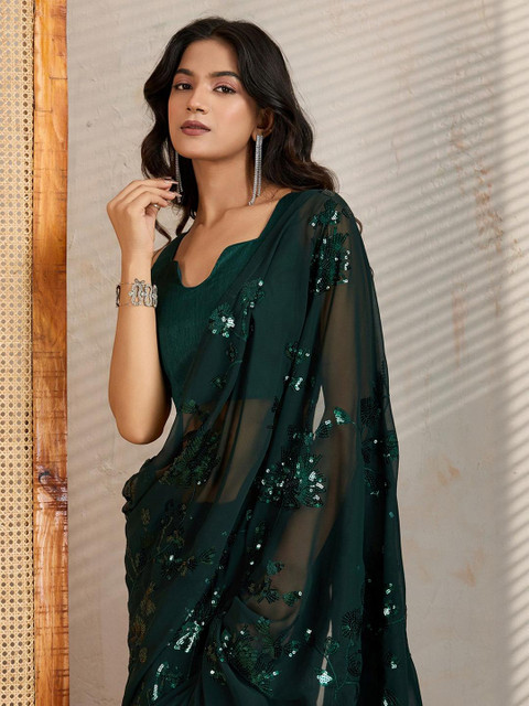 FashionsEye Floral Embroidered Sequinned Pure Georgette Saree And Unstiched Blouse Piece